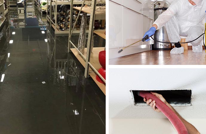 collage of air duct cleaning, disinfection services and flood damage