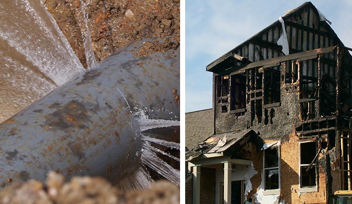 Collage of broken water pipe and fire damage restoration