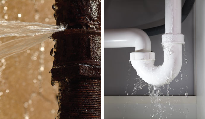 collage of broken water pipe and plumbing leak