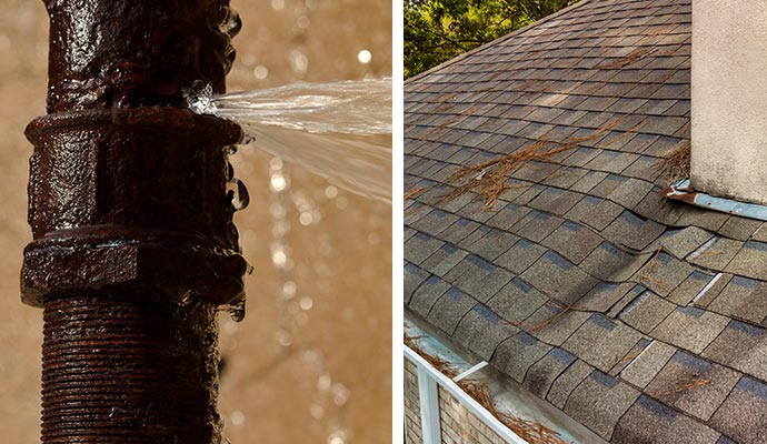 Collage of broken water pipe and roof leak