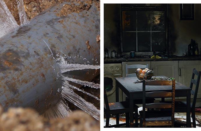 collage of broken water pipe and smoke damage