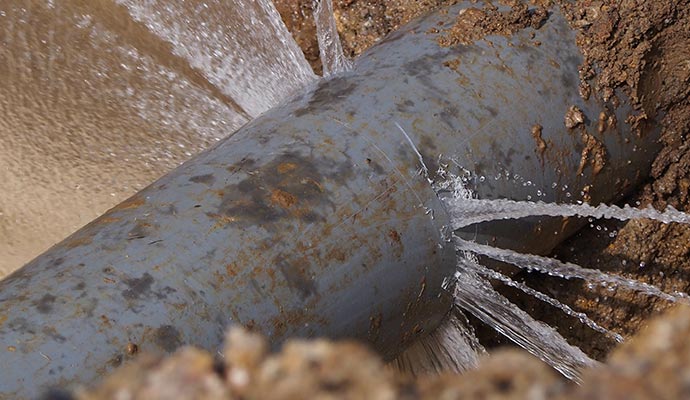 Water leaking out of a burst water pipe