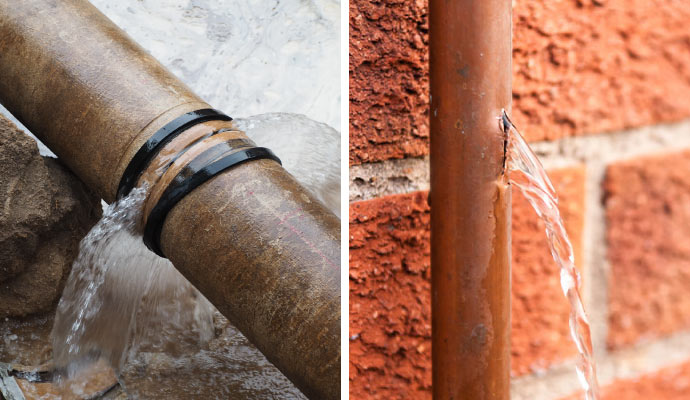 collage of broken water pipe and burst pipe