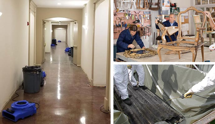 collage of water damage restoration,content restoration and Asbestos removal