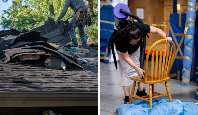 collage of disaster damaged roof and content restoration