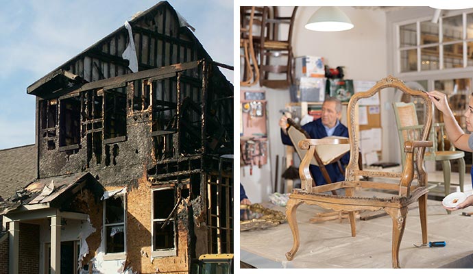 collage fire damaged property and professional content damage restoration