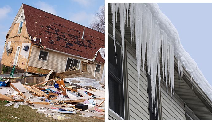 collage of hurricane and snow damaged property