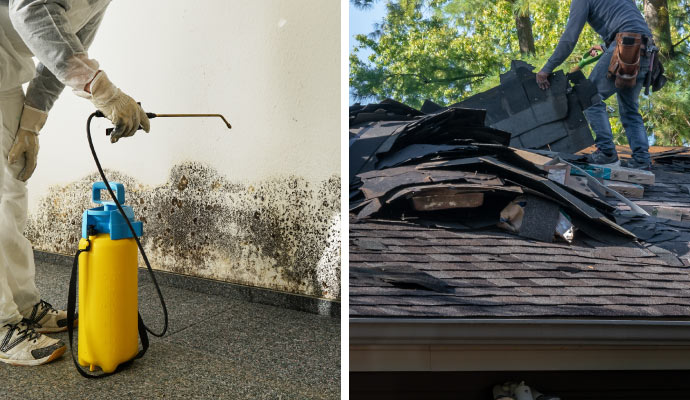 collage of mold remediation and storm damaged house