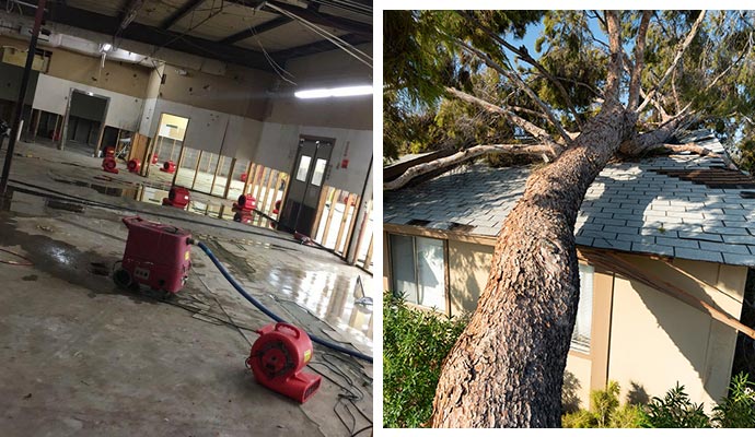 Collage of water damaged and storm damaged house.