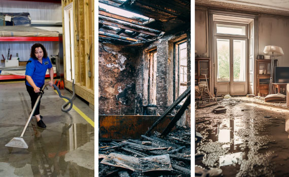 Collage of water, fire and flood damage restoration