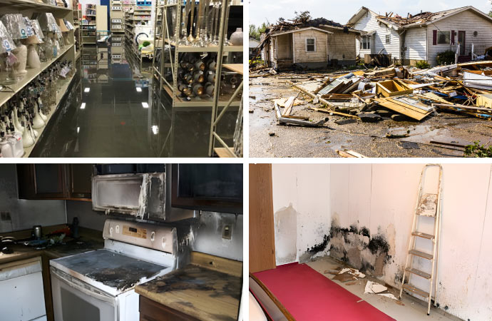 collage of water, fire, storm and mold damage