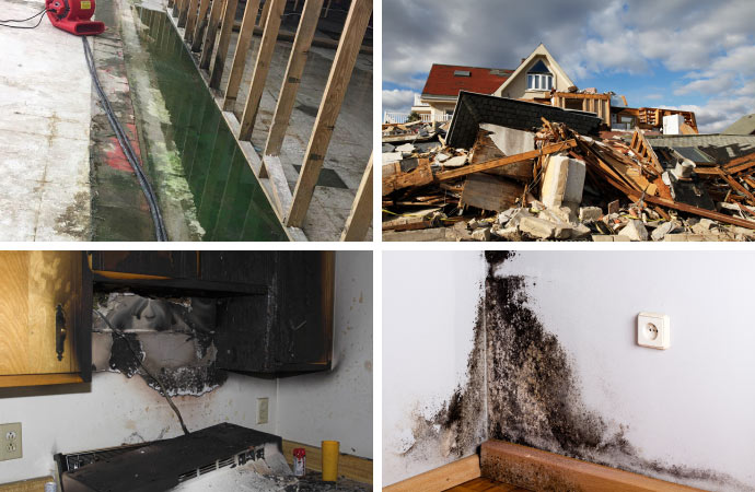 collage of water, fire, storm and mold damage