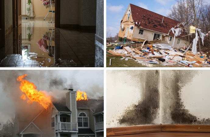 collage of water, fire, storm and mold damaged house