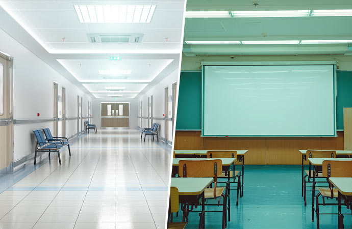 collage of healthcare facility and school building interior