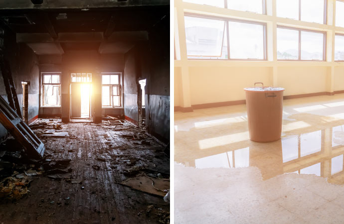 collage of water and fire damage in a healthcare facility