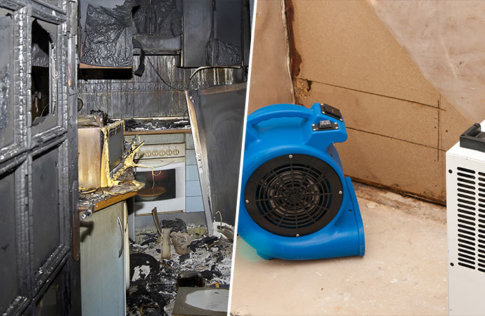 a collage of water damage restoration and fire damaged interior