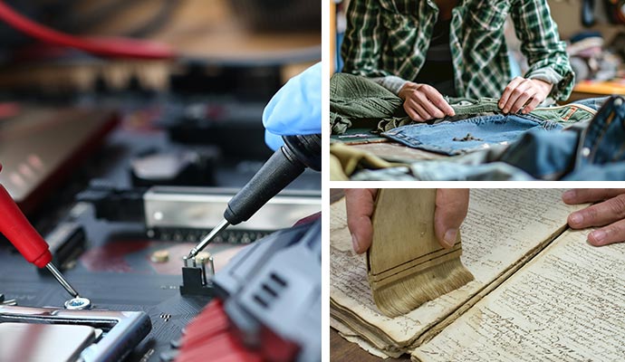 collage of electronics, clothing and documents restoration