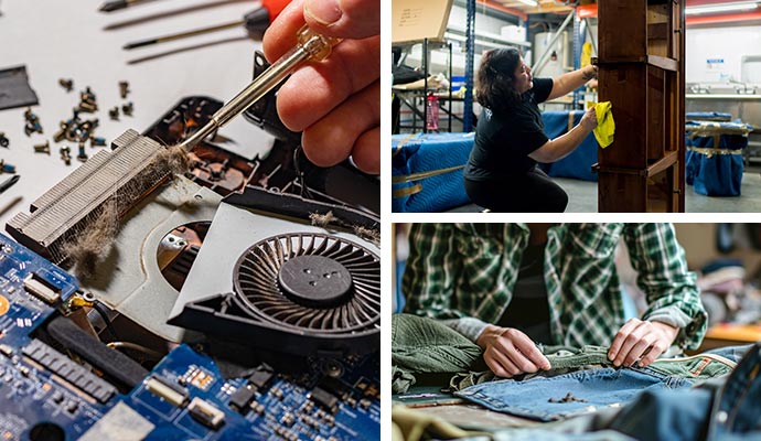 collage of electronics, furniture, and clothing repair