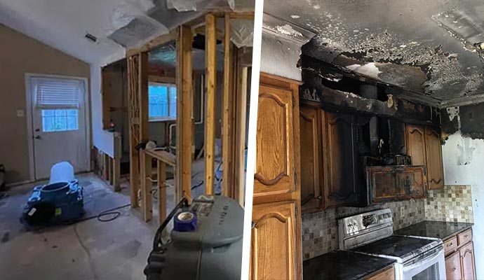 collage of water damage, and fire damage