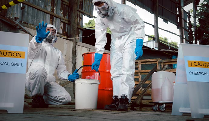 Two people in hazmat suits cleaning chemical spill