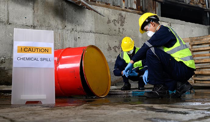 professional team inspecting chemical spill