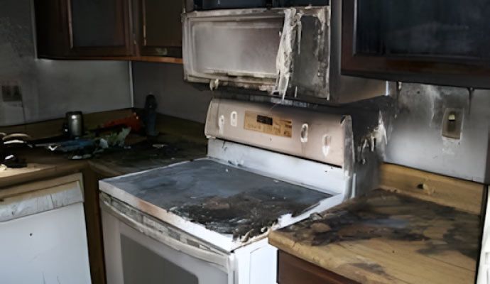 A fire damaged kitchen