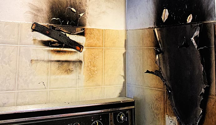 smoke damaged kitchen wall