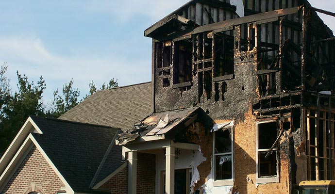 A fire damaged house exterior