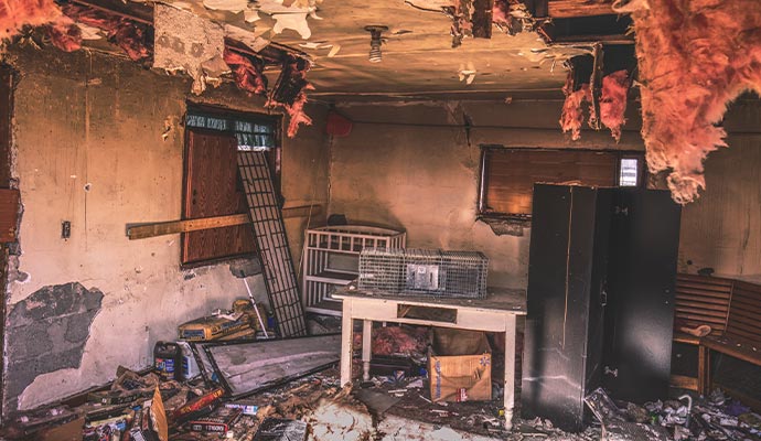 an interior damaged by fire