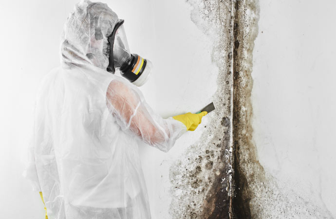 a Professional worker removing black mold from the wall