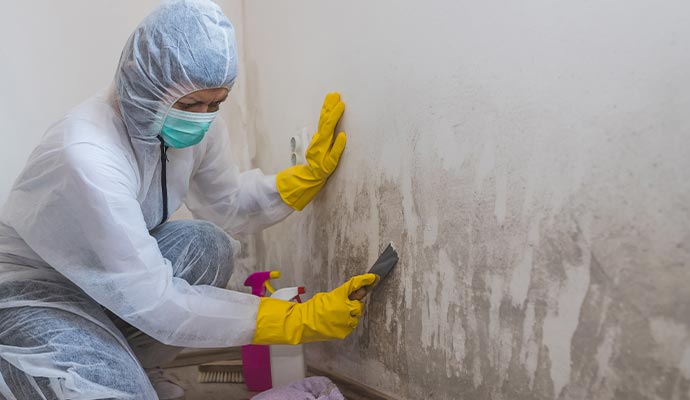 Person in protective clothing removing mold from the wall