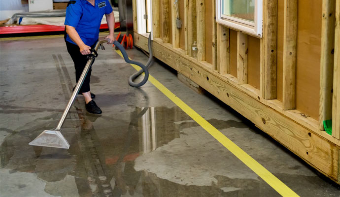 professional worker cleaning water from the floor