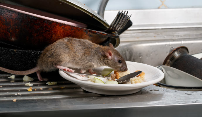 A rat sitting on dishes in a kitchen sink.