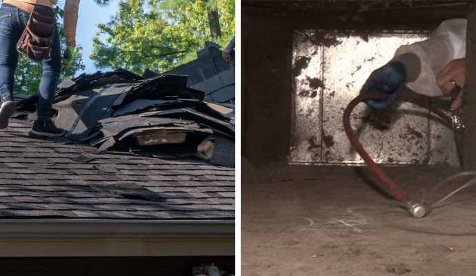 Collage of storm damaged roof and air duct cleaning