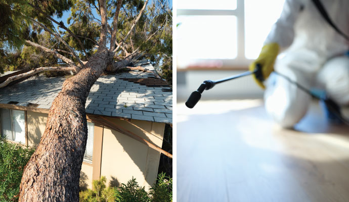 collage of storm damaged property and decontamination service