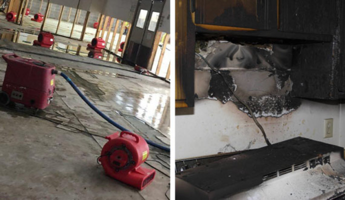 Collage of water damage restoration equipment and fire damaged kitchen