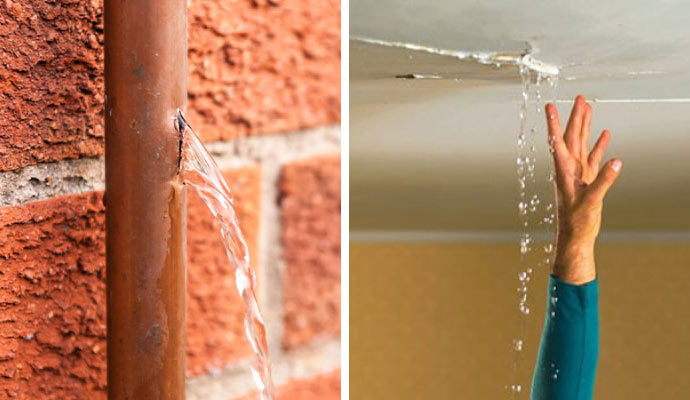 Collage of broken water pipe and roof leak