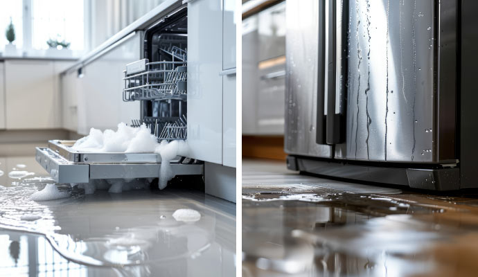 collage of dishwasher and refrigerator leak