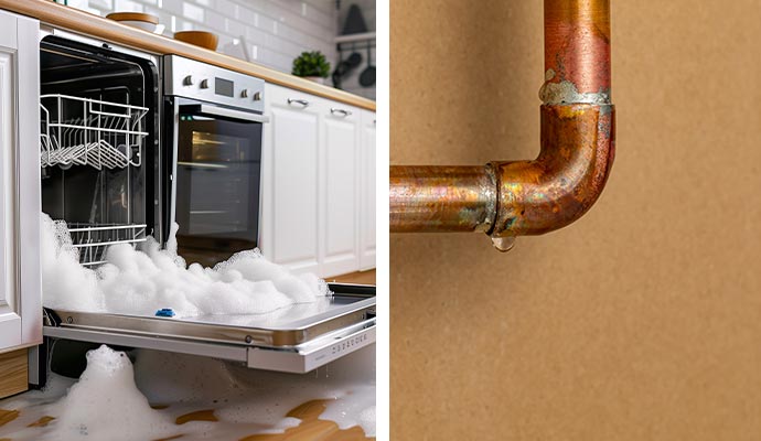 collage of dishwasher leak, and water pipe leak