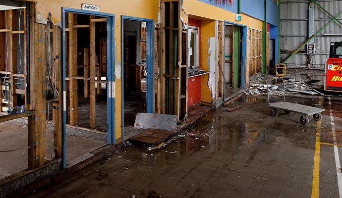 Interior of a damaged building with exposed wooden frames, debris, and water on the floor