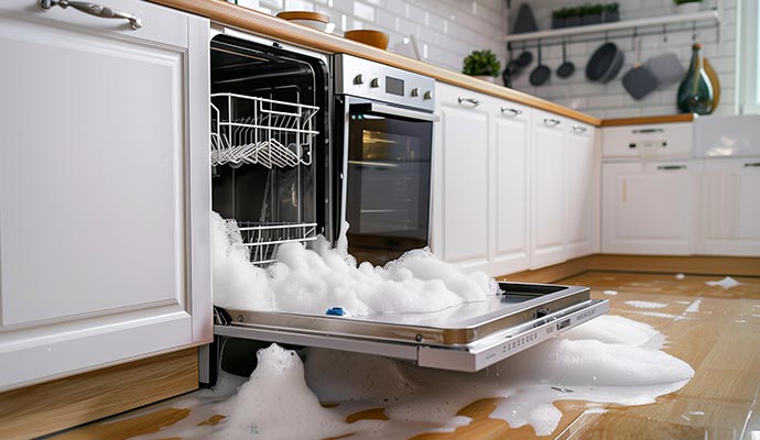 Dishwasher overflowing with soap suds onto the kitchen floor