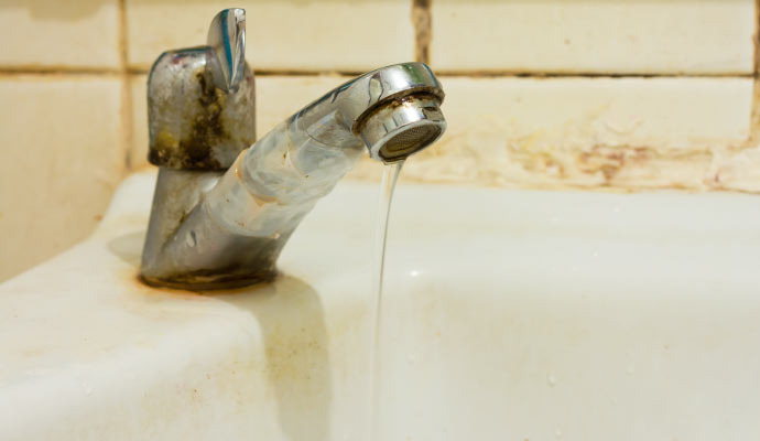 Close up of a dirty faucet with running water