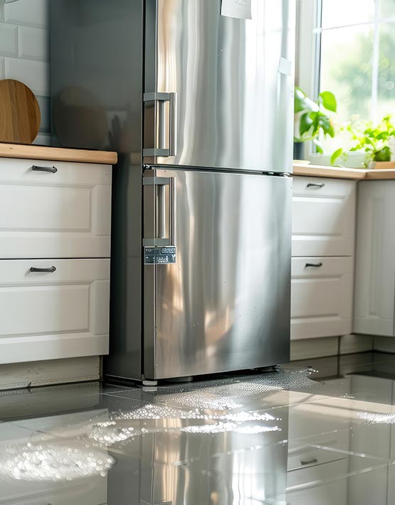 Stainless steel refrigerator in a kitchen with water leaking onto the floor