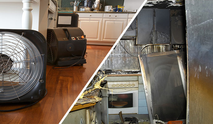 collage of water damaged restoration equipment and fire damaged room