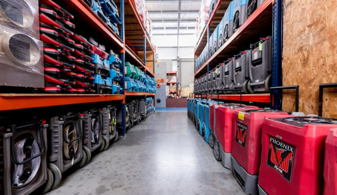 Water damaged restoration equipment in a warehouse